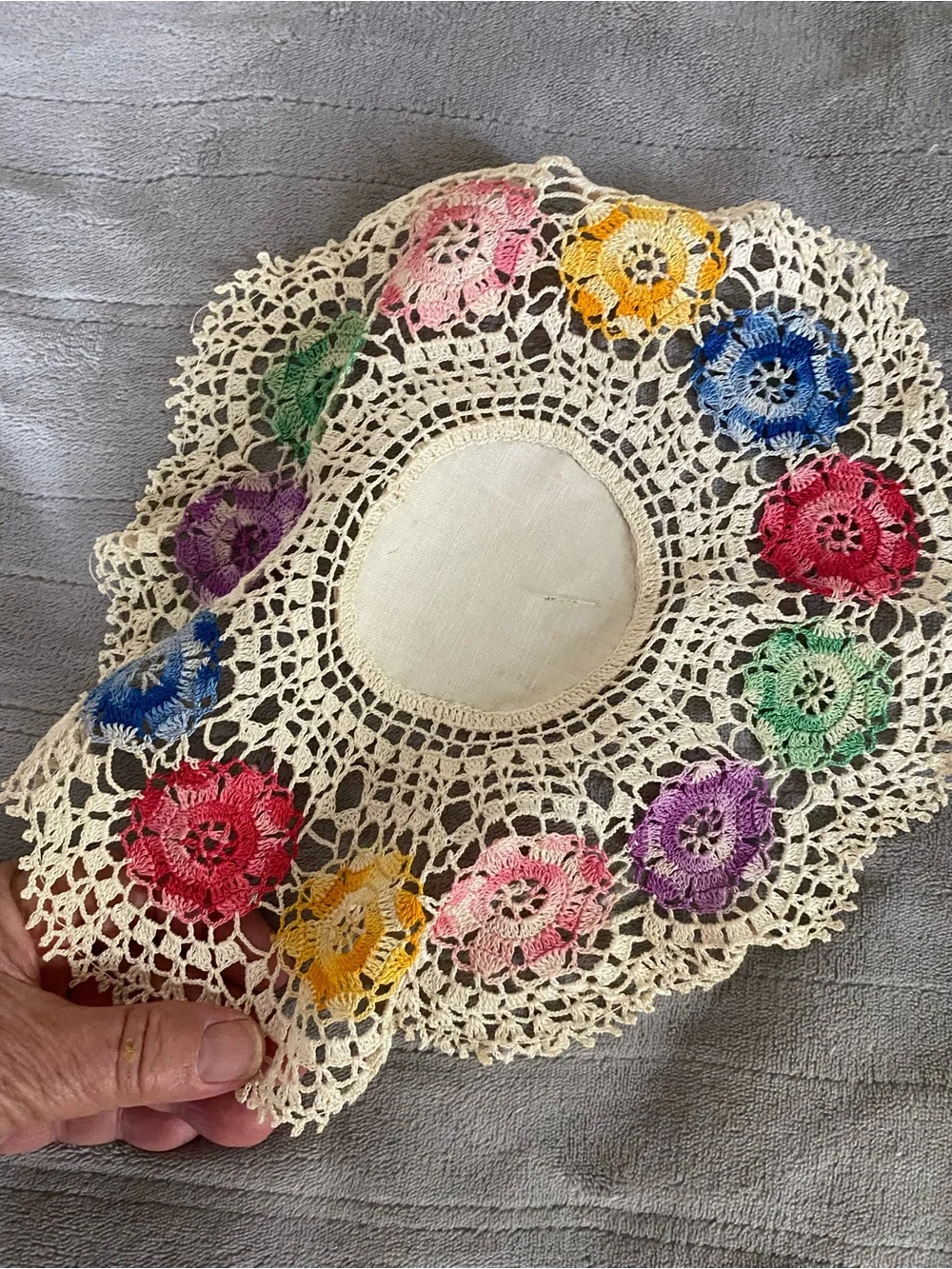 Handmade Crochet Doily with Multicolor Floral Accents
